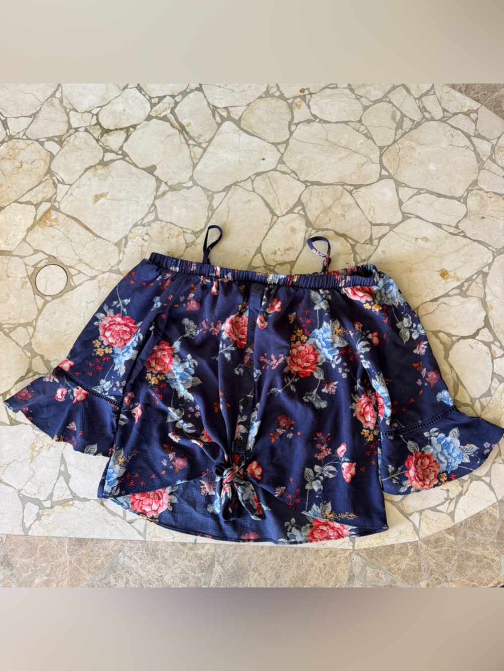 Xhilaration Navy Floral Off-Shoulder Top with Red and Blue Flowers Size XS